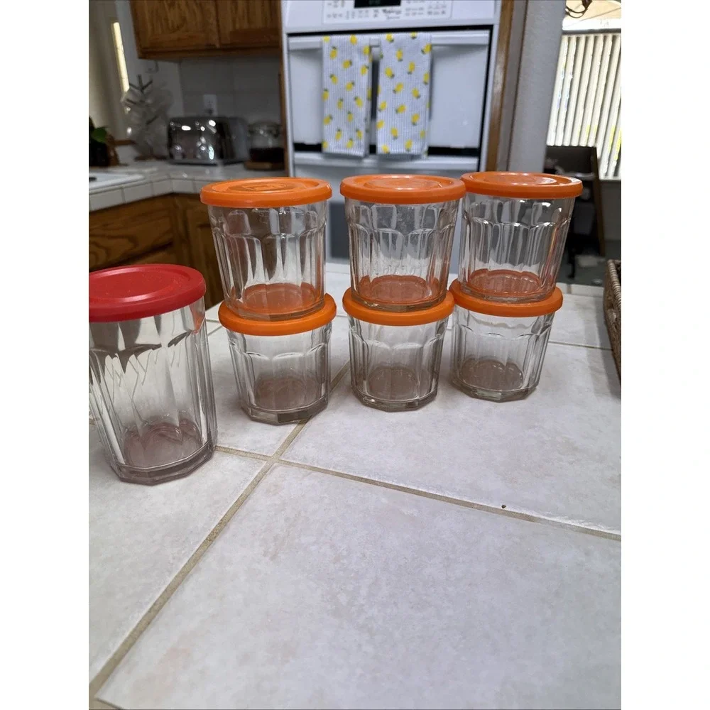 Vintage French Glass Jam Jars 500ml Le Parfait Faceted Jelly Pots Lids Set of 6